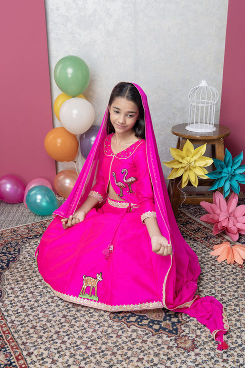 FLAMINGO AND DEER PINK LEHENGA SET